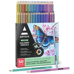 arteza metallic colored pencils for adult coloring, set of 50 drawing pencils, triangular grip, pre-sharpened pencil set, professional art supplies for artists, for coloring and sketching