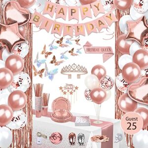 ujoyant 236 pcs birthday decorations for women, rose gold party decorations kit for girls or women – butterfly decors, hanging swirl, balloon stand kit, sash, tiara, banner, tassel curtain, balloon, tableware kit for 25 guests