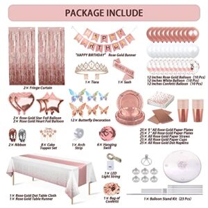 UJoyant 236 Pcs Birthday Decorations For Women, Rose Gold Party Decorations Kit For Girls Or Women - Butterfly Decors, Hanging Swirl, Balloon Stand Kit, Sash, Tiara, Banner, Tassel Curtain, Balloon, Tableware Kit For 25 Guests