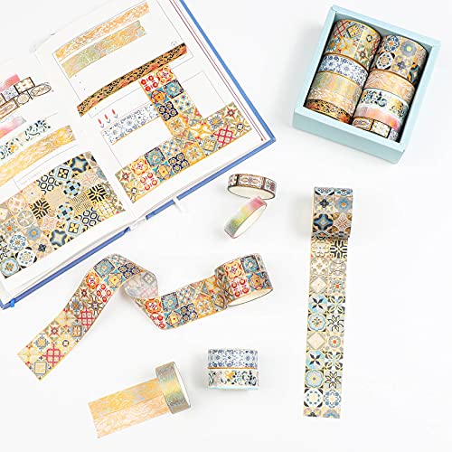 AEBORN Gold Vintage Washi Tape - Foil Washi Masking Tape Set with Gift Box - Aesthetic Decorative Tape Perfect for Bullet Journal, Scrapbook, DIY Crafts