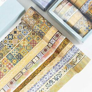 AEBORN Gold Vintage Washi Tape - Foil Washi Masking Tape Set with Gift Box - Aesthetic Decorative Tape Perfect for Bullet Journal, Scrapbook, DIY Crafts