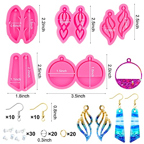 Mity rain 95pcs Resin Jewelry Molds Kit, 5 Pairs Earring Silicone Molds Epoxy Casting Molds with Hole, Sets of Earring Hooks, Jump Ring, Eye Pins for Resin Jewelry, Pendant, Key Chains