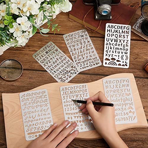 6 Pcs Mixed Letter Number Metal Stencils Plant Wood Burning Stencils Templates Alphabet Symbol Stainless Steel Stencils for Wood Carving Drawing Engraving Scrapbooking Journal Craft DIY(Letter Style)