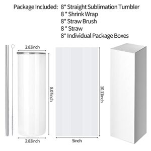 D·S 8 Pack Sublimation Tumblers 20 oz Skinny Stainless Steel Insulated Straight Sublimation Tumbler Blank with Straw, Lid, Brush and Shrink Wrap