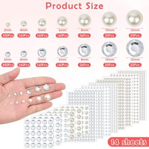 2032 Pieces Self Adhesive Hair Gems and Hair Pearls, Face Pearls and Jewels Stickers for Makeup, Crafts, Home Decor Scrapbooking Embellishments, 7 Sizes 3mm/4mm/5mm/6mm/8mm/10mm/12mm