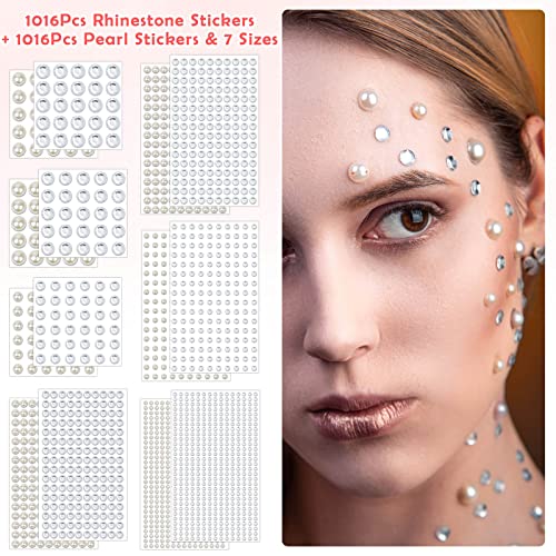 2032 Pieces Self Adhesive Hair Gems and Hair Pearls, Face Pearls and Jewels Stickers for Makeup, Crafts, Home Decor Scrapbooking Embellishments, 7 Sizes 3mm/4mm/5mm/6mm/8mm/10mm/12mm