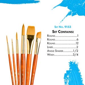 Princeton Real Value, Series 9100, Paint Brush Sets for Acrylic, Oil & Watercolor Painting, Syn-Gold Taklon (Rnd 1, 6, 12 Liner 2, ANG Shader 1/2, Wash 3/4)