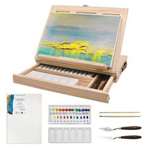 lucycaz tabletop easel set – easel for painting canvases, painting easel kits for kids and adults with wood canvas stand, 12 colors acrylic paints, 2 brushes, plastic palette and palette knives