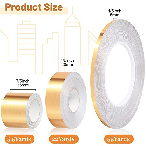 3 Rolls Tape, Self Adhesive Metalized Polyester Film Tape, Washi Tape for Christmas Detailing Accent Walls Graphic Arts for Cars and Boats Trim, 3 Sizes (Multi Size, Gold)