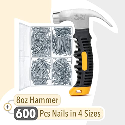 Mr. Pen- Nail Assortment Kit and 8oz Small Hammer, 600 Pcs Small Nails, Wall Nails for Hanging, Hammer and Nails Set, Small Hammer for Picture Hanging, Picture Hanging Kit, Picture Hanging Nails