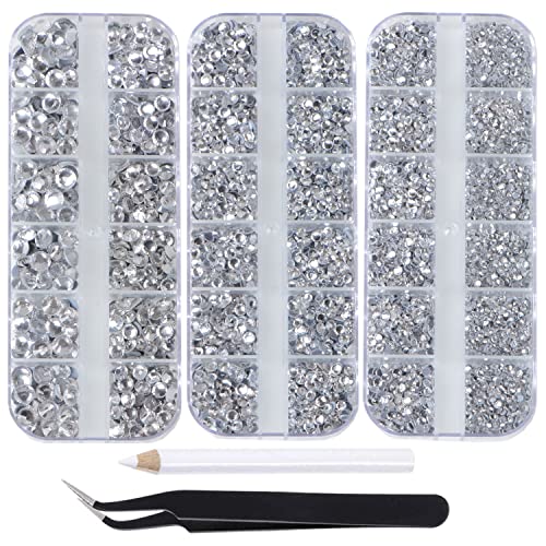 Massive Beads 6800pcs+ Flatback Glass Hotfix Iron On Rhinestones Crystal for DIY Making with 1 Tweezer & 1 Picking Pen for Shoes, Clothes, Face Art, Bags, Manicure (Clear Crystal, 6-Sizes)