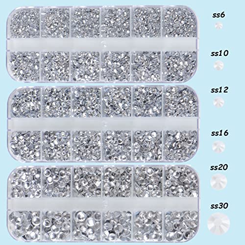 Massive Beads 6800pcs+ Flatback Glass Hotfix Iron On Rhinestones Crystal for DIY Making with 1 Tweezer & 1 Picking Pen for Shoes, Clothes, Face Art, Bags, Manicure (Clear Crystal, 6-Sizes)