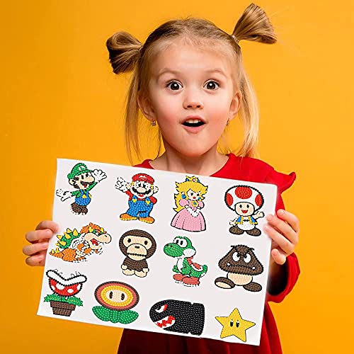 DURVA 5D Diamond Painting Stickers Kits, 12 Pcs Cartoon Anime Theme Diamond Stickers Paint by Numbers Kit, Suitable for Children, Boys and Girls DIY Super Mario Cartoon Theme Stickers