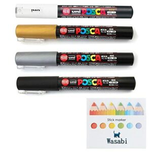 uni posca paint marker extra fine (0.7mm) special set!! – white/gold/silver/black, wasabi sticky note