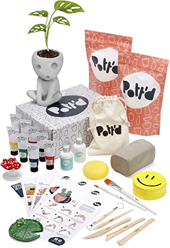 Pott'd™ Home Air-Dry Clay Pottery Kit for Beginners, Pottery Kit for Adults. Kit Includes: Air-Dry Clay for Adults, Tools, Paints, Brushes, Sealant, How-to-Guide, Gift - Regular Paints