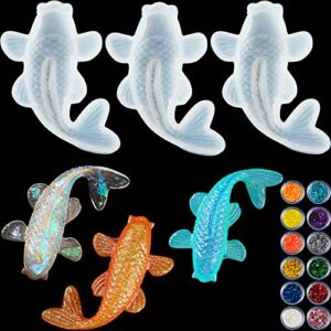 3 pieces koi fish silicone resin molds koi goldfish diy pendant epoxy molds fish fondant moulds with twelve color sequins for diy pendant charms making jewelry