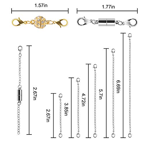 Beinhome 22Pcs Magnetic Jewelry Clasps and Necklace Extenders Gold Silver, Multiple Sizes and Styles Chain Extenders Magnetic Clasps