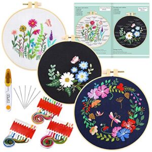 caydo 3 sets embroidery starter kit with pattern and instructions, cross stitch kits include 3 embroidery cloth with floral pattern, 3 plastic embroidery hoops, color threads and tools