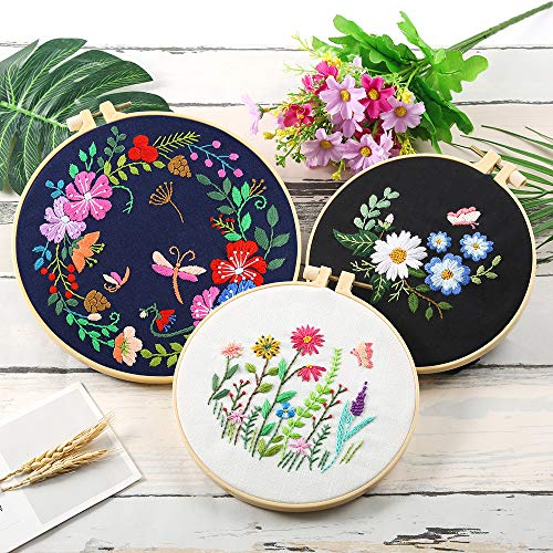 Caydo 3 Sets Embroidery Starter Kit with Pattern and Instructions, Cross Stitch Kits Include 3 Embroidery Cloth with Floral Pattern, 3 Plastic Embroidery Hoops, Color Threads and Tools