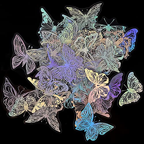 45Pcs Holographic Glitter Butterfly Stickers, Vintage Butterfly Waterproof Transparent Decorative Decals, PET Adhesive Sticker Label for Scrapbooking Bullet Journal Daily Planner Water Bottles Laptops