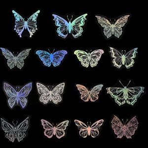 45Pcs Holographic Glitter Butterfly Stickers, Vintage Butterfly Waterproof Transparent Decorative Decals, PET Adhesive Sticker Label for Scrapbooking Bullet Journal Daily Planner Water Bottles Laptops