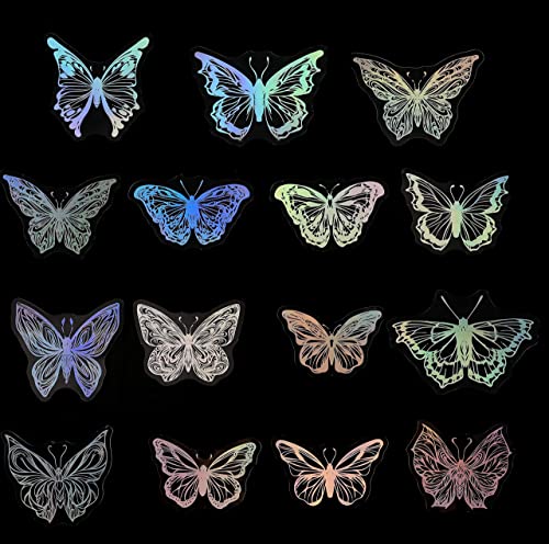 45Pcs Holographic Glitter Butterfly Stickers, Vintage Butterfly Waterproof Transparent Decorative Decals, PET Adhesive Sticker Label for Scrapbooking Bullet Journal Daily Planner Water Bottles Laptops