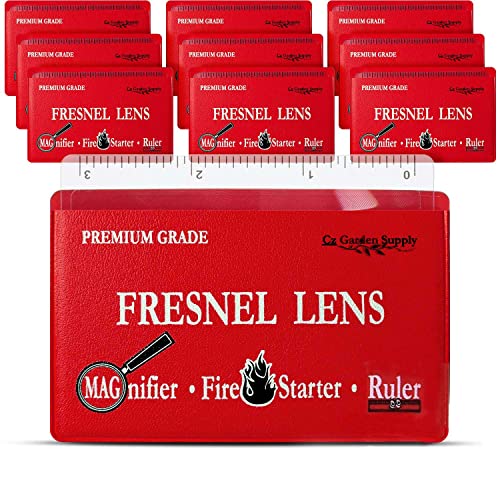 Fresnel Lens 4X Magnifier Pocket Wallet Credit Card Size • Ruler - Unbreakable Plastic for Home Office Classroom & Outdoor EDC Survival Kit Bushcraft (10 Pack Ruler/Magnifier - Red)