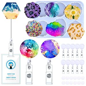 baborui badge reels resin molds silicone, 6 cavities silicone on top retractable badge reels molds with 10 pcs retractable badge holders, 6 shapes epoxy casting molds for diy name id badge holders