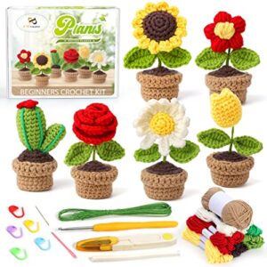 pp opount beginner crochet kit – 6 pcs potted plants, complete crochet kit for beginners, starter pack for adults and kids with step-by-step instructions and video tutorials