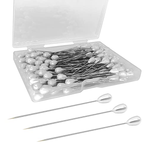 200PCS Corsage Pins, Teardrop Pearl Sewing Pins, Long 2inch Straight Sewing Wedding Bouquet Pins for Wedding, Jewelry, Flower DIY Decoration, Quilting and Craft (200Pcs, White)