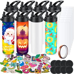 8 pack 20oz sublimation tumbler set triple-insulated stainless steel sports water bottle with straw lid blank sublimation cup with diy stickers, shrink wrap, rubber base, heat tape for heat transfer