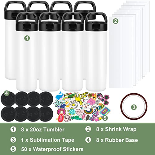 8 Pack 20oz Sublimation Tumbler Set Triple-Insulated Stainless Steel Sports Water Bottle with Straw Lid Blank Sublimation Cup with DIY Stickers, Shrink Wrap, Rubber Base, Heat Tape for Heat Transfer