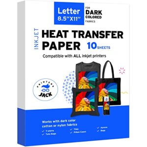 printers jack iron-on heat transfer paper for dark fabric 10 pack 8.5″x11.7″ t-shirt transfer paper for inkjet printer wash durable, long lasting transfer, no cracking
