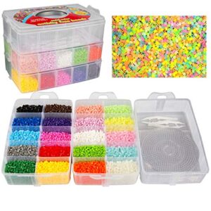 fuse beads 20,000 bulk creativity builder kit- 20 presorted muli colors (5 glow dark) w tweezers, peg boards, melt ironing paper, case – works with perler, pixel art craft project, kids holiday party