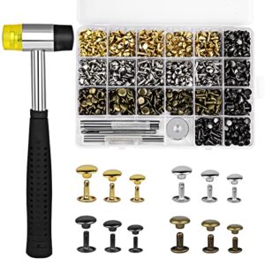 TLKKUE 360 Sets Leather Rivets 4 Colors Double Cap Rivets Tubular 3 Sizes with Rubber Hammer Fixing Tool Kit 4 Pieces for DIY Leather Craft Clothes Shoes Decoration and Repair