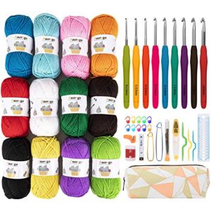 12x50g large acrylic yarn skeins, azerogo 1312 yards crochet yarn with 41 assorted starter crochet kit for knitting and crochet craft, multicolored yarn bulk– ideal beginner kit