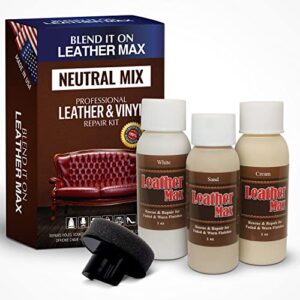 leather max quick blend refinish and repair kit, restore couches, recolor furniture & repair car seats, jackets, sofa, boots / 3 color shades to blend with/leather vinyl bonded and more (neutral mix)