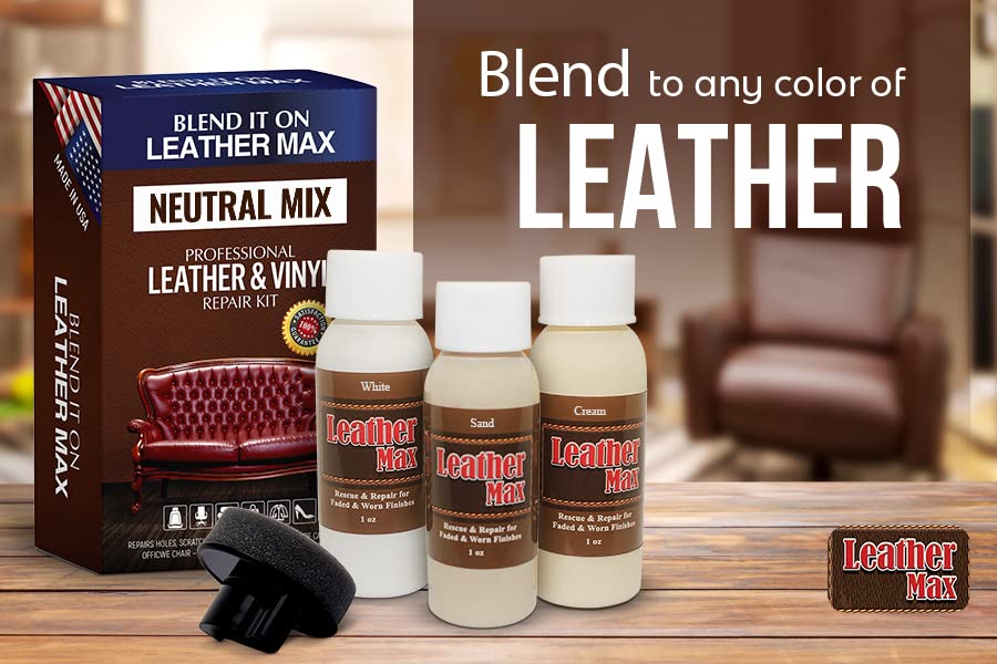 Leather Max Quick Blend Refinish and Repair Kit, Restore Couches, Recolor Furniture & Repair Car Seats, Jackets, Sofa, Boots / 3 Color Shades to Blend with/Leather Vinyl Bonded and More (Neutral Mix)