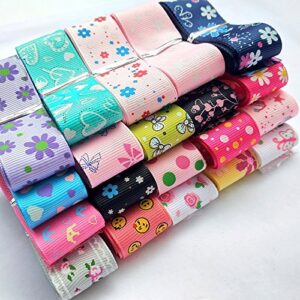 Dandan DIY Assorted 20 Yards Grosgrain Ribbon Bow Daisy Butterfly Cake Love Heart Dots Flower Rose Smile Face Craft DIY Packing Hair Bow Accessory