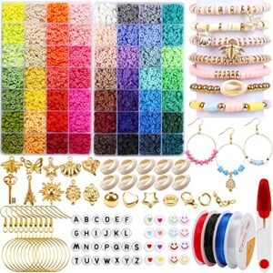 14600 pcs clay heishi beads kit including 56 color clay beads, 200 pcs letter beads, pendant, jump rings and elastic cords for diy jewelry making bracelets necklace earring making supplies