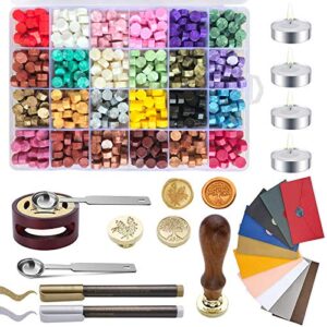 wax seal kit, wax seal stamp kit with 648 pcs wax seal beads, 2 wax stamps, 10 envelopes, 1 warmer, 2 metal pens, 2 spoon and 4 candles, ideal for wedding invitations, gift wrapping, christmas letters