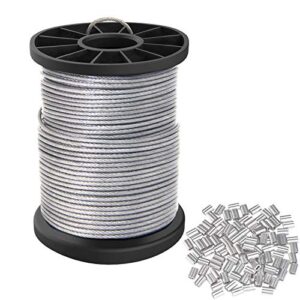 vinyl coated picture hanging wire 1.5mm up to 150lbs,100 feet(30.5m) stainless steel picture wire spool with 40pcs aluminum crimping sleeves,heavy wire for hanging picture frame,artwork,string light