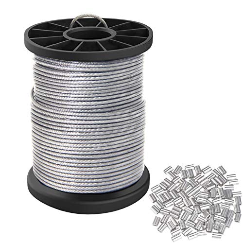 Vinyl Coated Picture Hanging Wire 1.5mm Up to 150lbs,100 Feet(30.5M) Stainless Steel Picture Wire Spool with 40Pcs Aluminum Crimping Sleeves,Heavy Wire for Hanging Picture Frame,Artwork,String Light