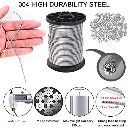 Vinyl Coated Picture Hanging Wire 1.5mm Up to 150lbs,100 Feet(30.5M) Stainless Steel Picture Wire Spool with 40Pcs Aluminum Crimping Sleeves,Heavy Wire for Hanging Picture Frame,Artwork,String Light