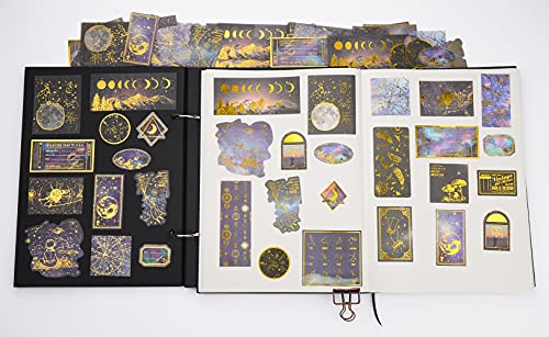 Knaid Celestial Black Gold Foil Stickers Set (60 Pieces) - Decorative Planet Moon Space Galaxy Astronomy Planner Sticker for Scrapbooking Bullet Journaling Junk Journal DIY Art Crafts Album Calendars