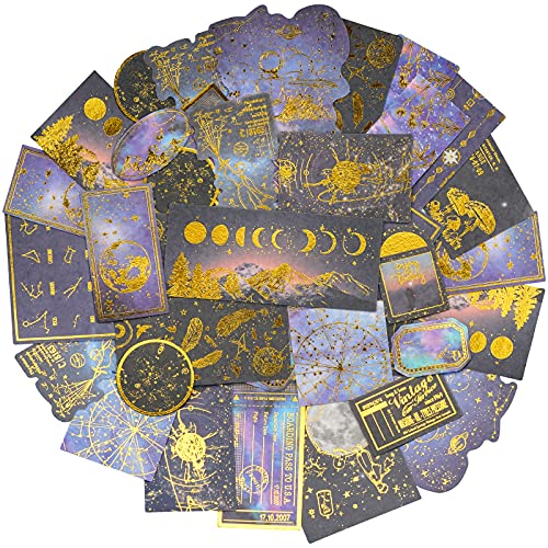 Knaid Celestial Black Gold Foil Stickers Set (60 Pieces) - Decorative Planet Moon Space Galaxy Astronomy Planner Sticker for Scrapbooking Bullet Journaling Junk Journal DIY Art Crafts Album Calendars