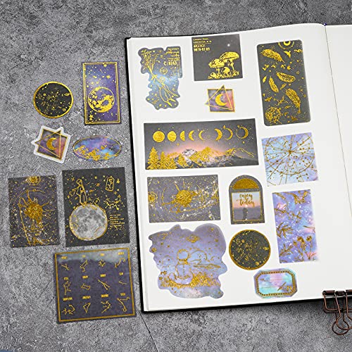 Knaid Celestial Black Gold Foil Stickers Set (60 Pieces) - Decorative Planet Moon Space Galaxy Astronomy Planner Sticker for Scrapbooking Bullet Journaling Junk Journal DIY Art Crafts Album Calendars