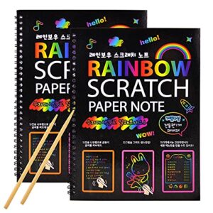 MEMX Scratch Art Books for Kids, 2 Pack Rainbow Magic Scratch Paper Black Scratch it Off Art Crafts Notes Boards Sheet with 2 Wooden Stylus for Best Gifts