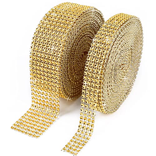 BTSD-home Gold Rhinestone Ribbon 2 Roll Diamond Ribbon for Crafts, Cake, Birthday Decorations, Wedding, Baby Shower Event and Arts (20Yard Gold)