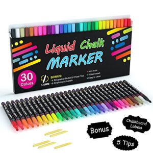 shuttle art chalk markers, 30 vibrant colors liquid chalk markers pens for chalkboards, windows, glass, cars, water-based, erasable, reversible 3mm fine tip for office home supplies